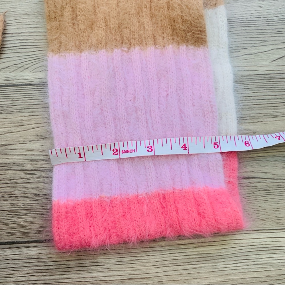 Pink Tan Cream Neutral Striped Angora Rabbit Hair Fringe Cozy Winter Neck Scarf - Picture 2 of 3